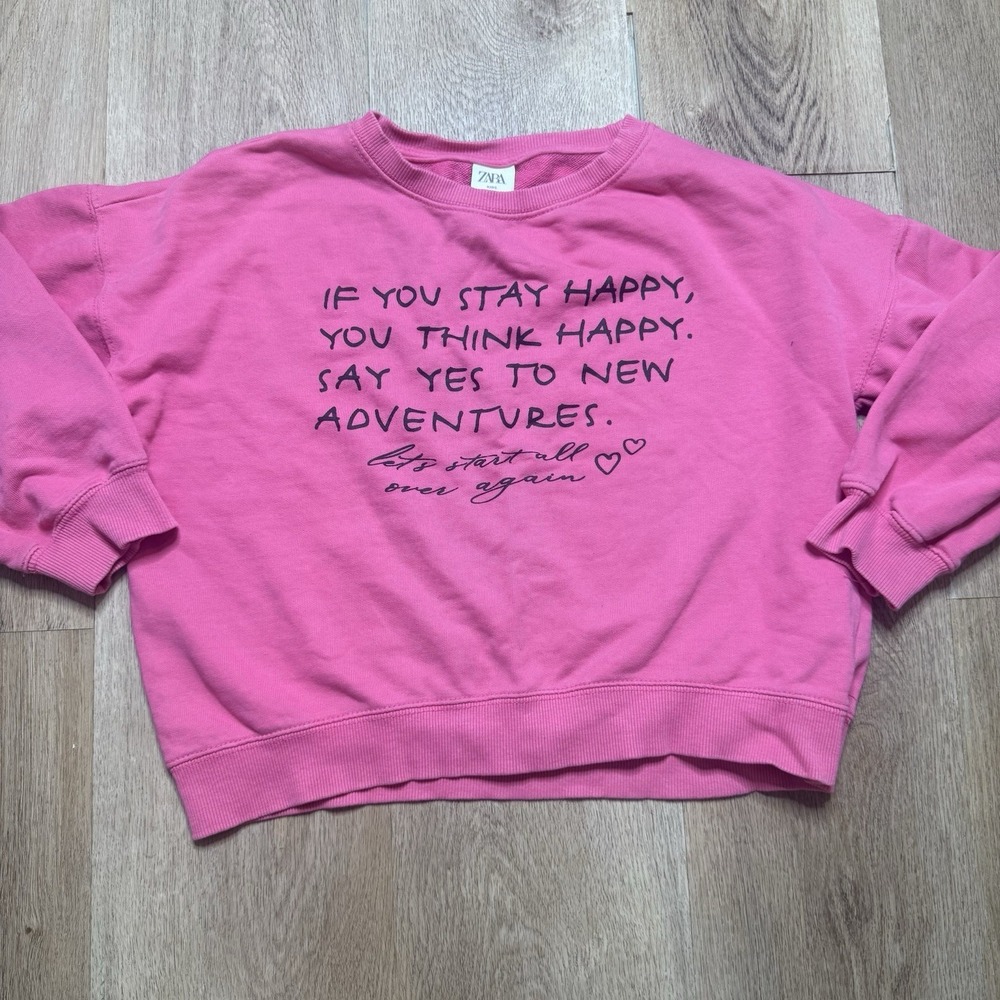 ZARA Kids Love Graphic Crewneck Sweatshirt Pink Pullover Youth Size 10 Happy